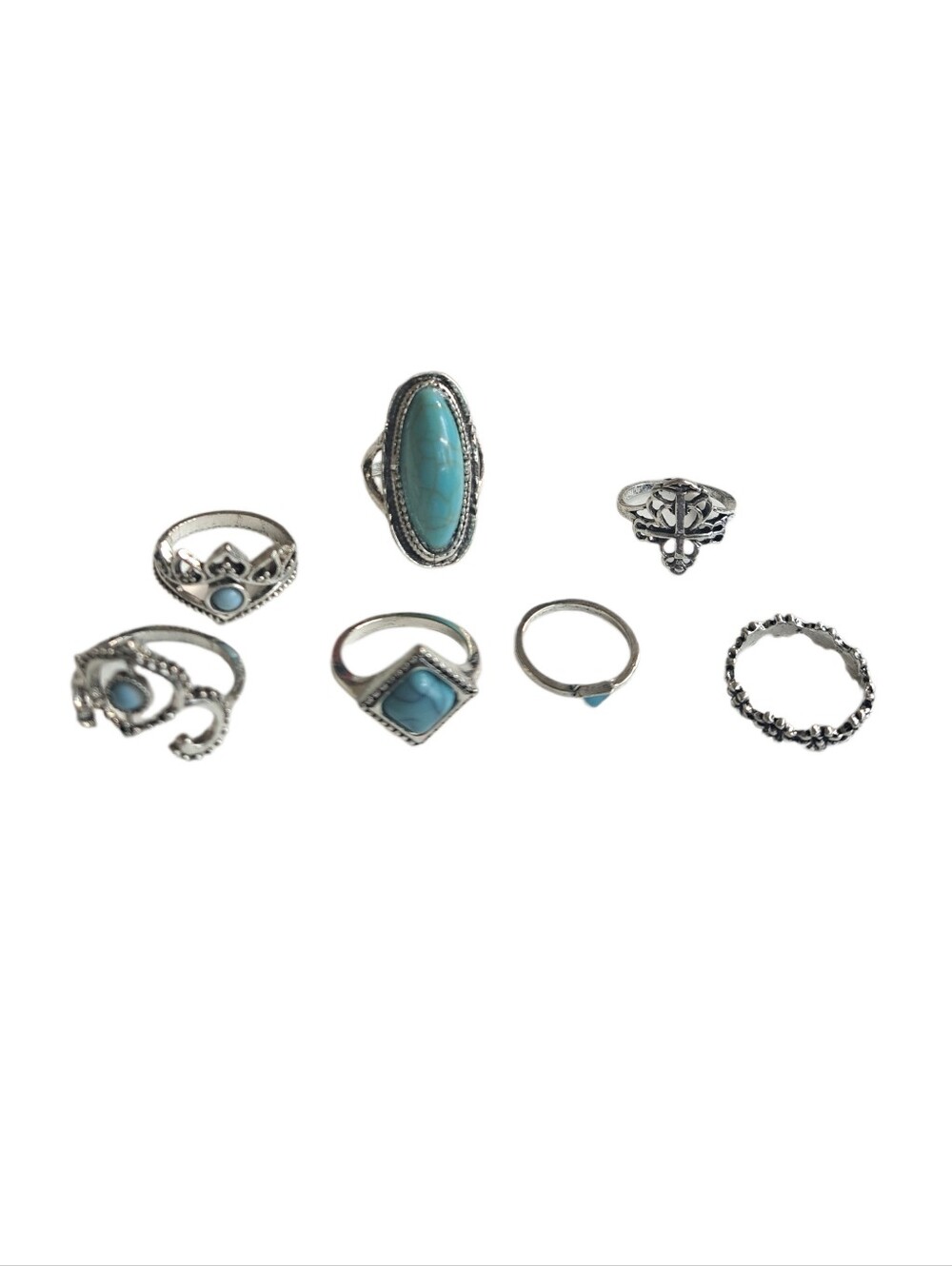 Bundle of Boho Silver-Tone Turquoise Stackable Ring Set - 7 Pieces NWOT